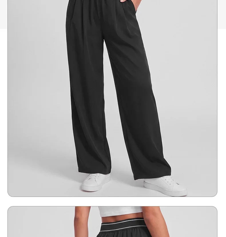 Women Sport Pants Quick Dry Wide Leg Athletic Pant Elastic High Waist Pleated Straight Trousers With Pockets Loose Fit Workout