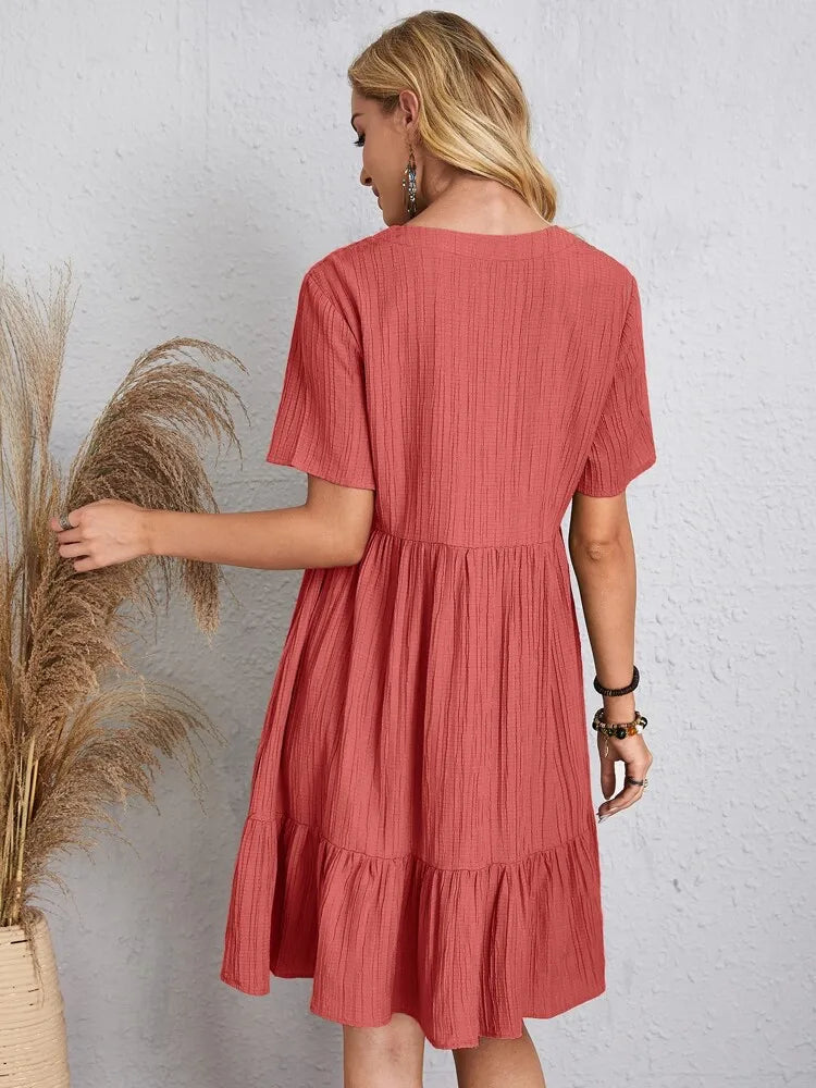Elegant Solid V Neck A Line Dress 2024 New Summer Ruffles Loose Mini Dress Casual Short Sleeve Beach Party Vestidos Streetwear