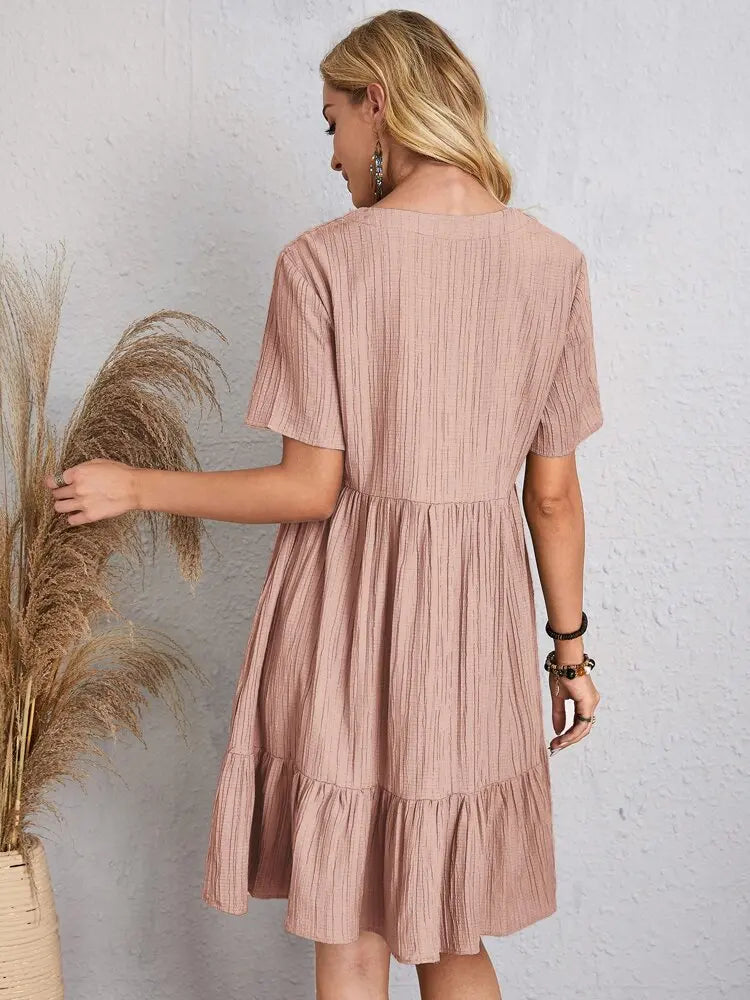 Elegant Solid V Neck A Line Dress 2024 New Summer Ruffles Loose Mini Dress Casual Short Sleeve Beach Party Vestidos Streetwear