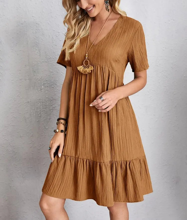 Elegant Solid V Neck A Line Dress 2024 New Summer Ruffles Loose Mini Dress Casual Short Sleeve Beach Party Vestidos Streetwear