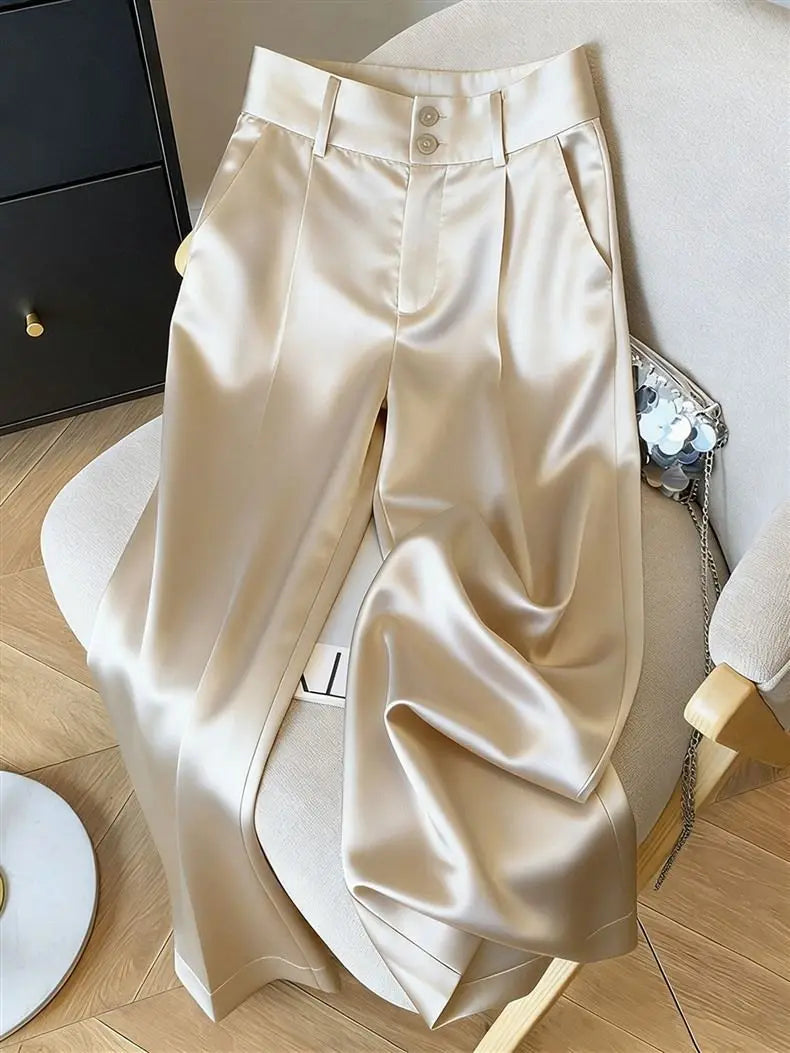 Silk Women's Pants Solid Color Champagne Ladies with Wide Leg Pants New High Waist Breathable Satin Summer Suit Women's Pants