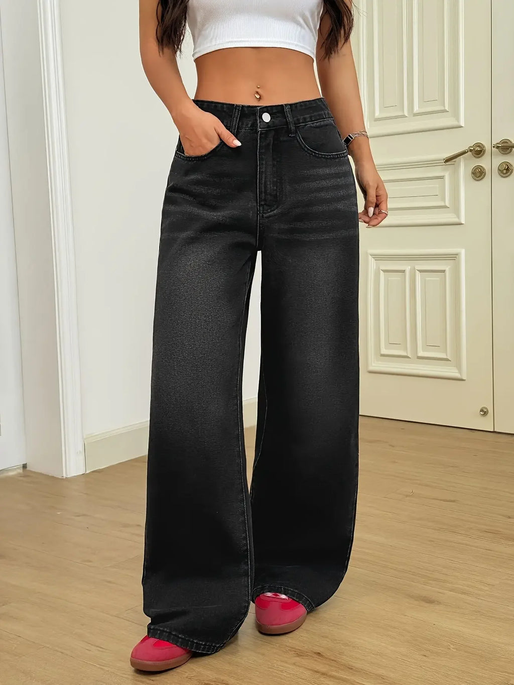 Wide Leg Distressed Straight Jeans for Women Elastic Casual Bootcut Denim Pants Bestseller Fashionable Ladies Jeans