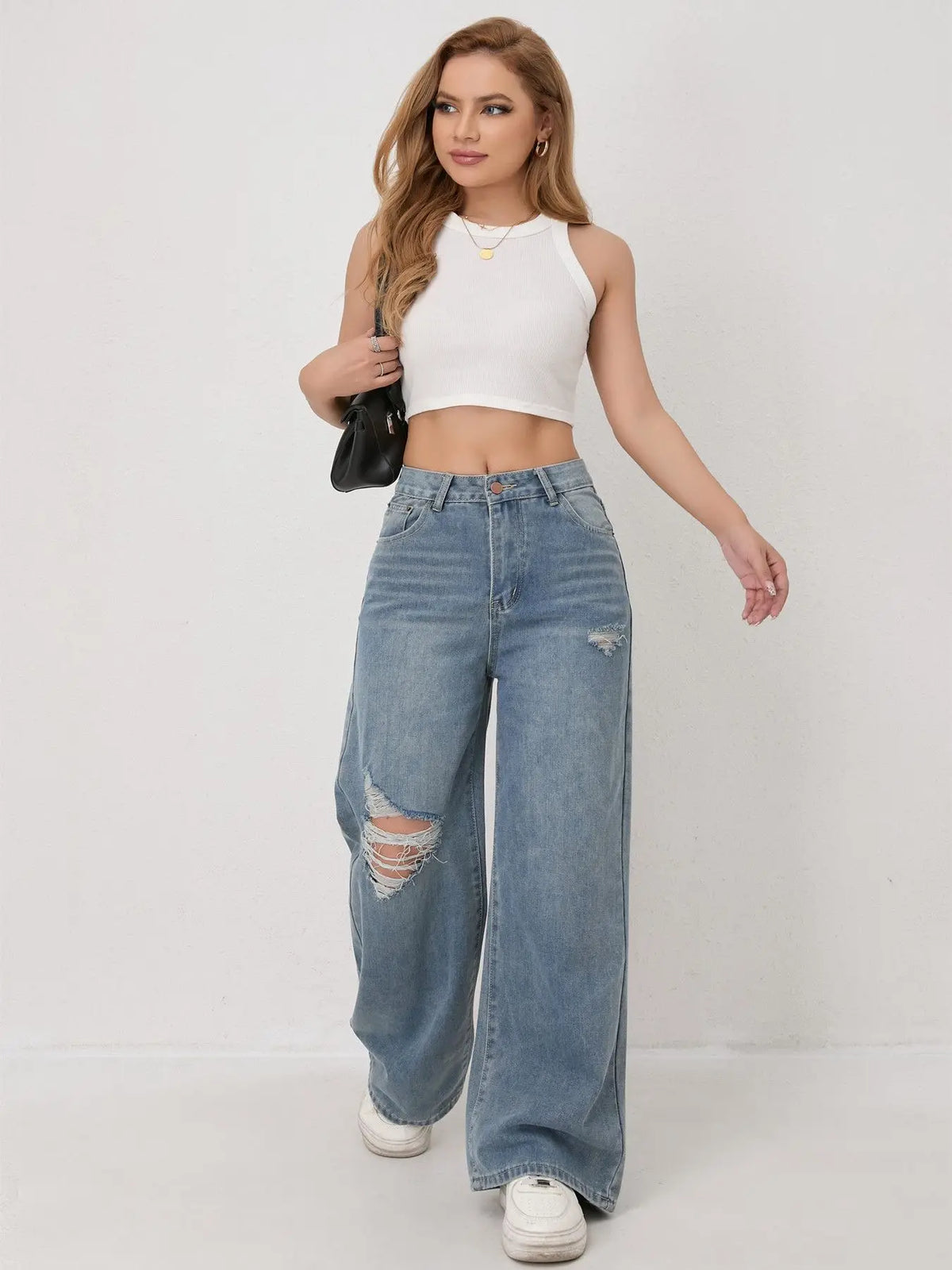 Wide Leg Distressed Straight Jeans for Women Elastic Casual Bootcut Denim Pants Bestseller Fashionable Ladies Jeans