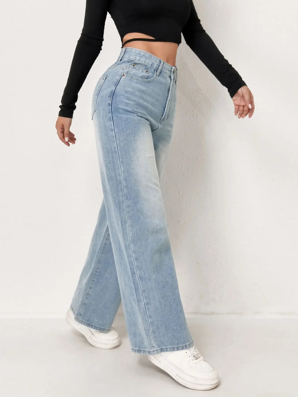 Wide Leg Distressed Straight Jeans for Women Elastic Casual Bootcut Denim Pants Bestseller Fashionable Ladies Jeans