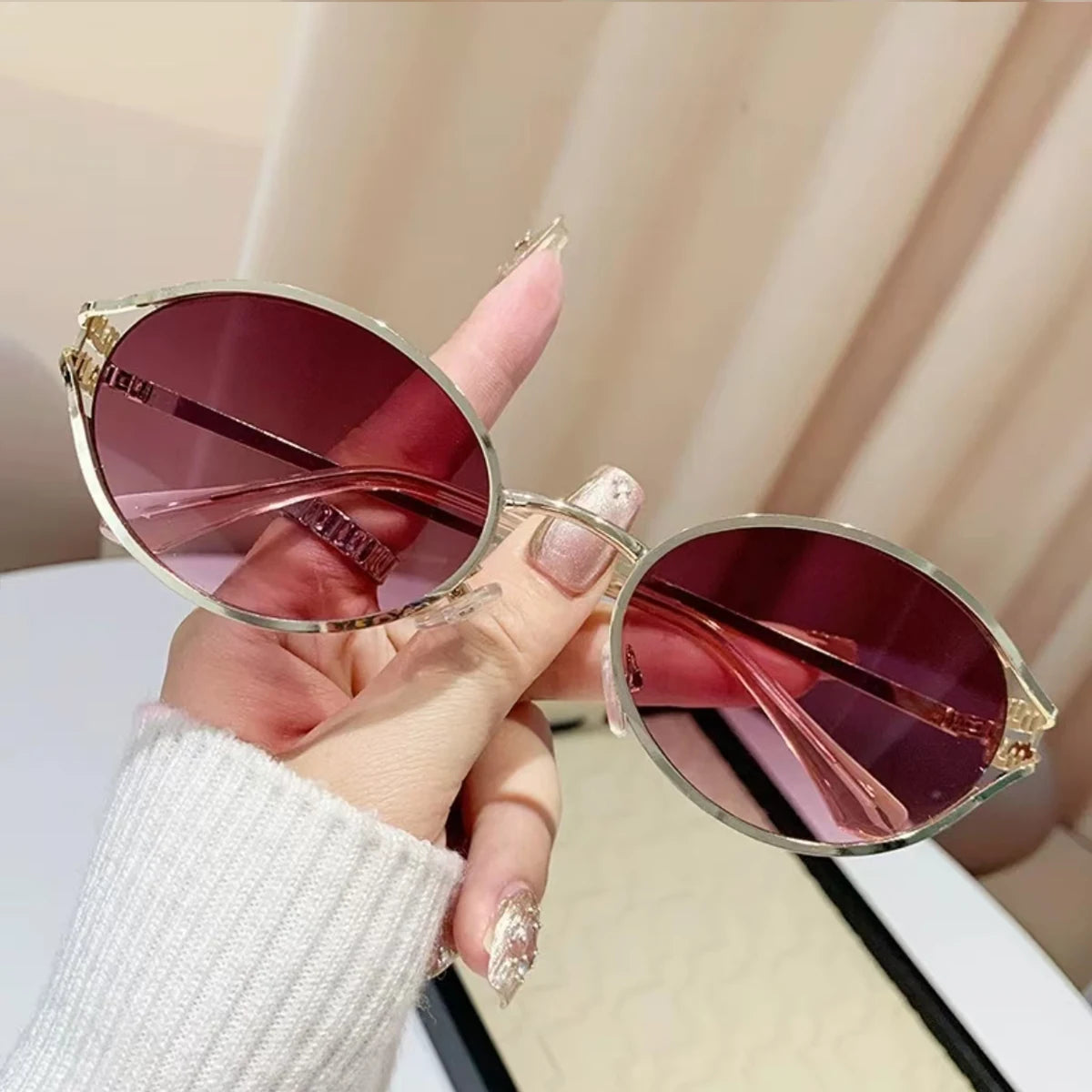 1Pc Trendy and Fashionable Metal Oval Frame Women's Sunglasses, a Must-Have Fashion Accessory for Parties, Beach Vacations