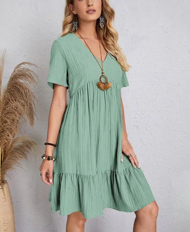 Elegant Solid V Neck A Line Dress 2024 New Summer Ruffles Loose Mini Dress Casual Short Sleeve Beach Party Vestidos Streetwear