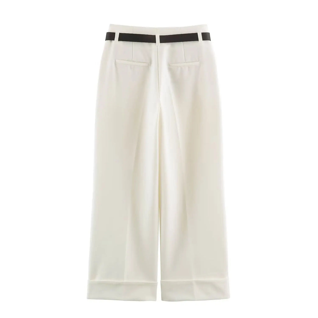 BSAY Women Solid Color Wide Leg Pants High Waist Turn Up Cuff Hem With Metal Buckle Belt Elegant Commuter Casual Long Trousers