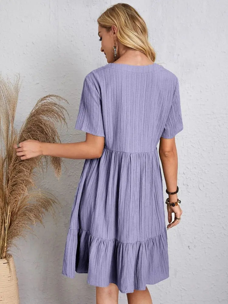Elegant Solid V Neck A Line Dress 2024 New Summer Ruffles Loose Mini Dress Casual Short Sleeve Beach Party Vestidos Streetwear