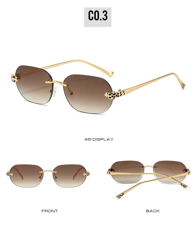 Luxury Brand Rimless Sunglasses Men Women Fashion Cheetah Decoration Metal Shades Frameless UV400 Shades Street Photography