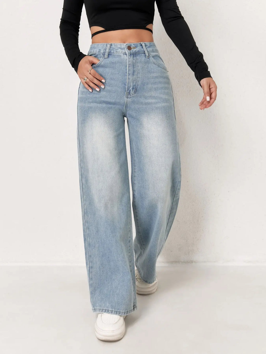 Wide Leg Distressed Straight Jeans for Women Elastic Casual Bootcut Denim Pants Bestseller Fashionable Ladies Jeans