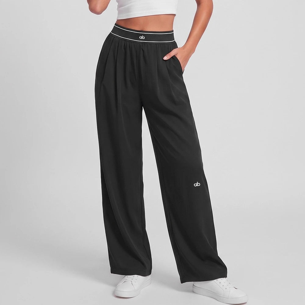 Women Sport Pants Quick Dry Wide Leg Athletic Pant Elastic High Waist Pleated Straight Trousers With Pockets Loose Fit Workout