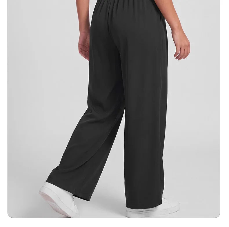 Women Sport Pants Quick Dry Wide Leg Athletic Pant Elastic High Waist Pleated Straight Trousers With Pockets Loose Fit Workout