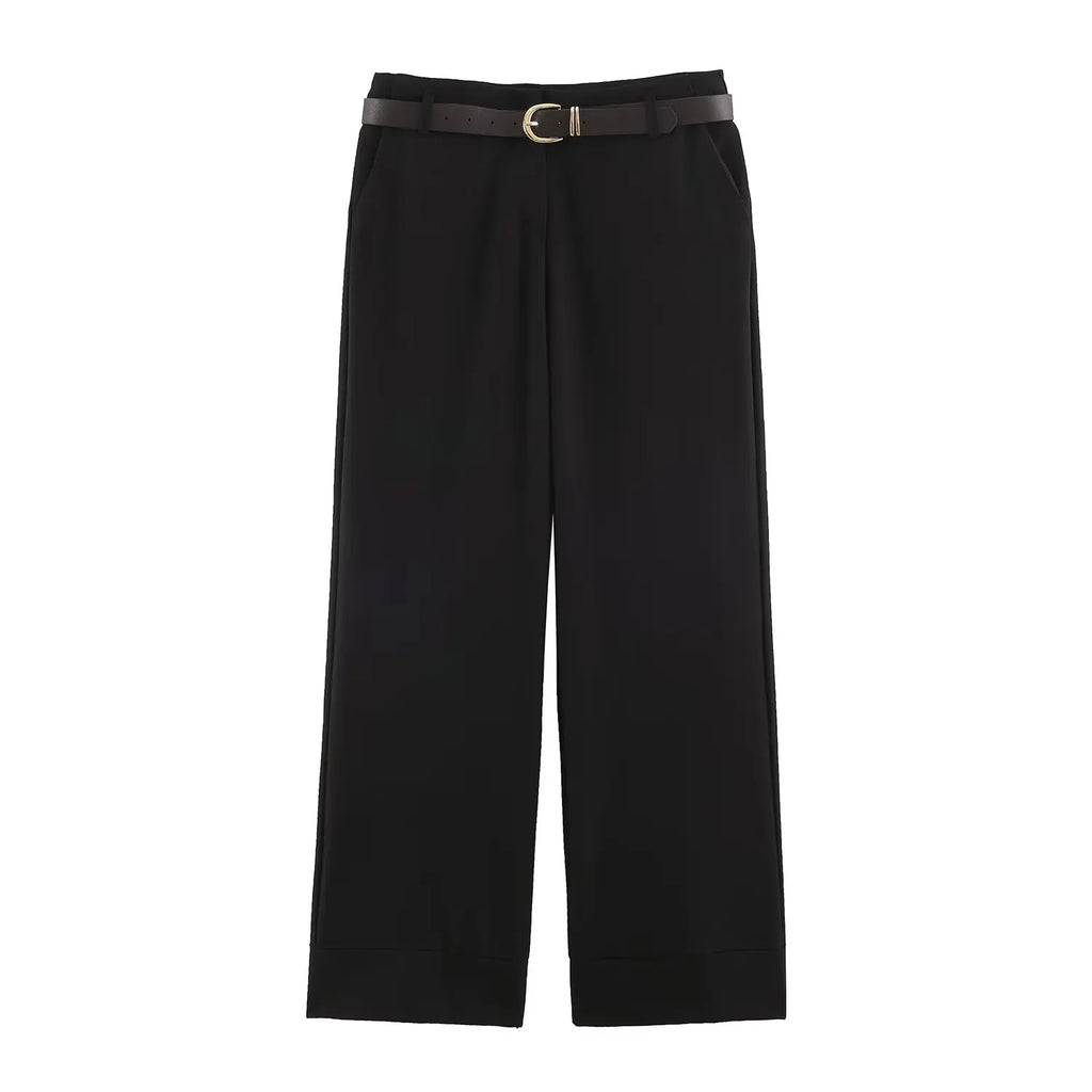 BSAY Women Solid Color Wide Leg Pants High Waist Turn Up Cuff Hem With Metal Buckle Belt Elegant Commuter Casual Long Trousers