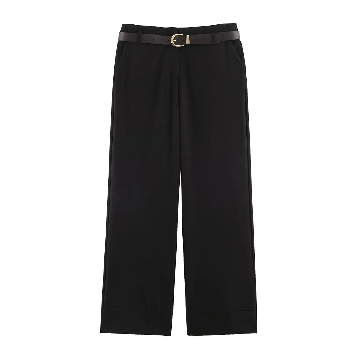 BSAY Women Solid Color Wide Leg Pants High Waist Turn Up Cuff Hem With Metal Buckle Belt Elegant Commuter Casual Long Trousers