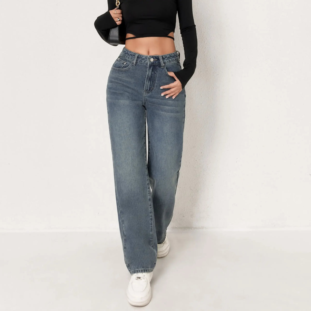 Wide Leg Distressed Straight Jeans for Women Elastic Casual Bootcut Denim Pants Bestseller Fashionable Ladies Jeans