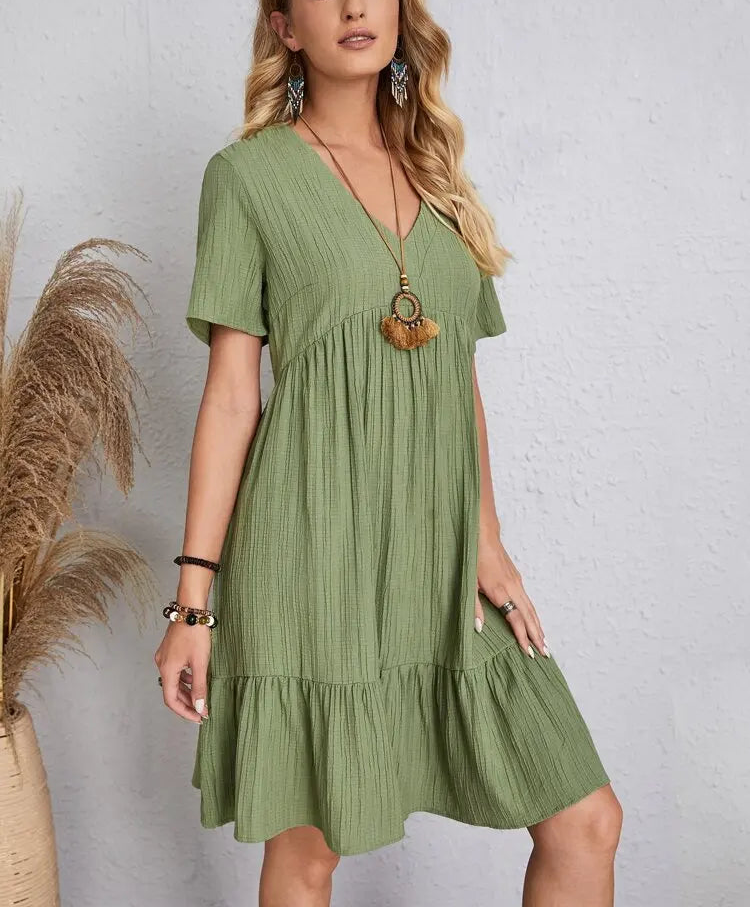 Elegant Solid V Neck A Line Dress 2024 New Summer Ruffles Loose Mini Dress Casual Short Sleeve Beach Party Vestidos Streetwear