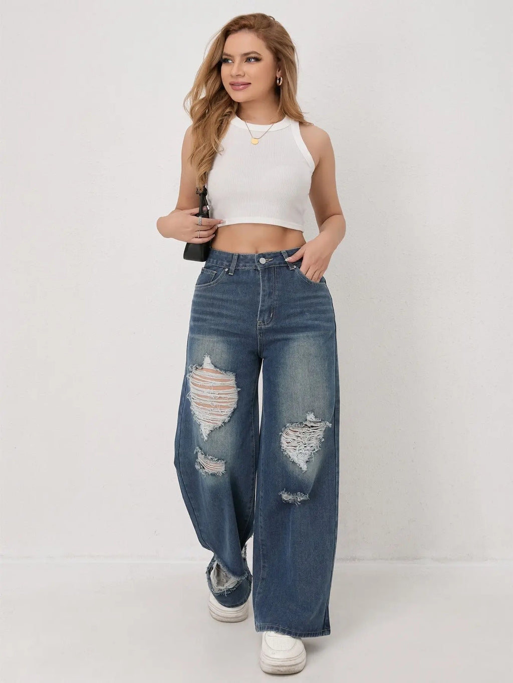 Wide Leg Distressed Straight Jeans for Women Elastic Casual Bootcut Denim Pants Bestseller Fashionable Ladies Jeans