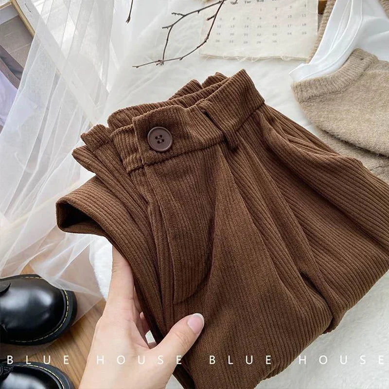 Vintage High Waist Corduroy Pants Women Spring Fall Straight Causal Full Length Trousers Korean Fashion All Match Black Pants
