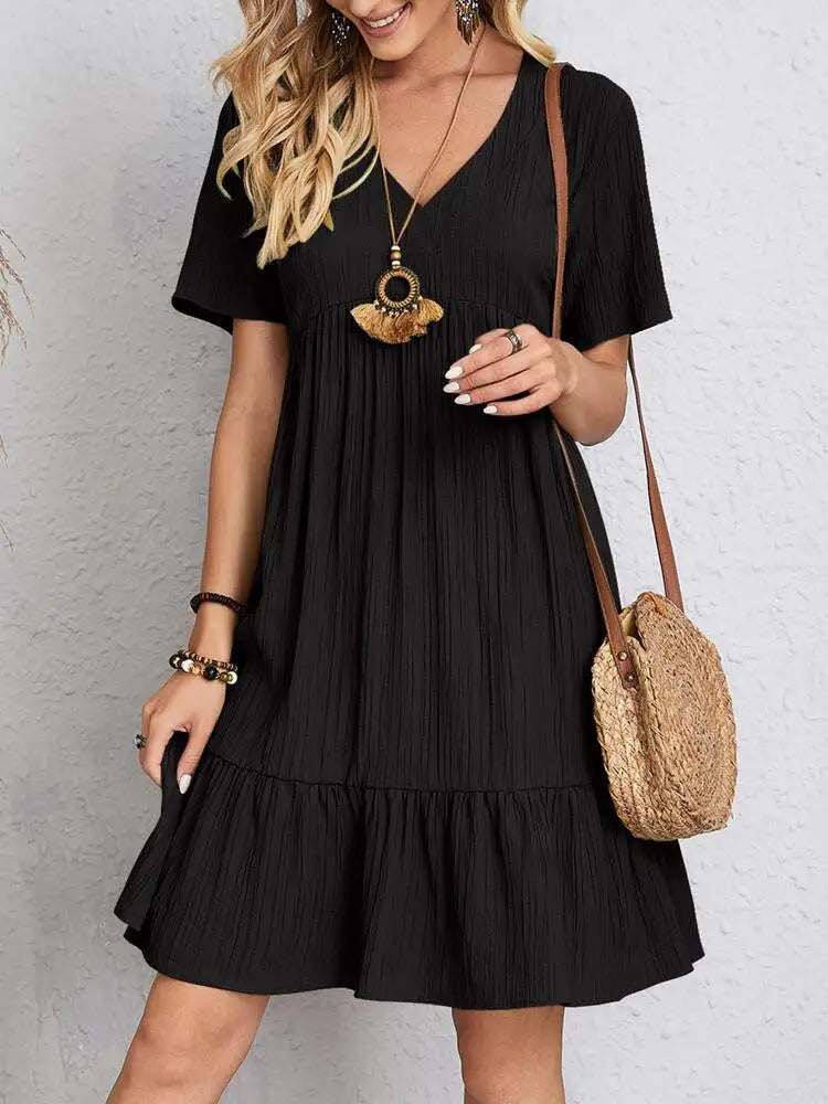 Elegant Solid V Neck A Line Dress 2024 New Summer Ruffles Loose Mini Dress Casual Short Sleeve Beach Party Vestidos Streetwear