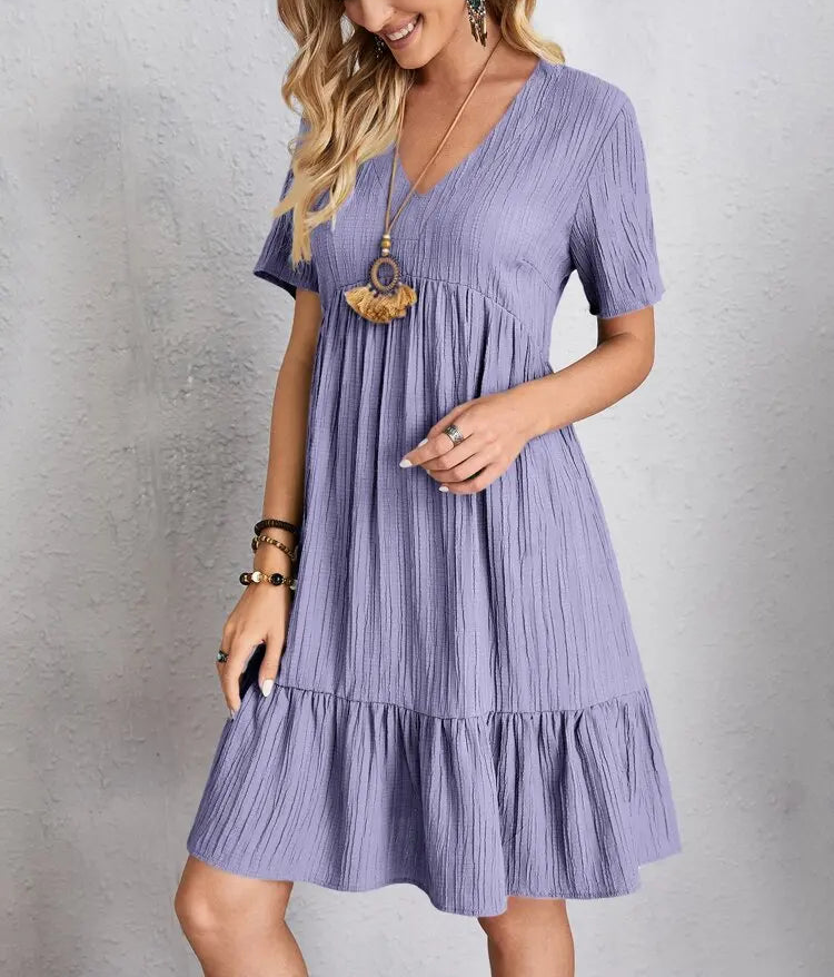 Elegant Solid V Neck A Line Dress 2024 New Summer Ruffles Loose Mini Dress Casual Short Sleeve Beach Party Vestidos Streetwear