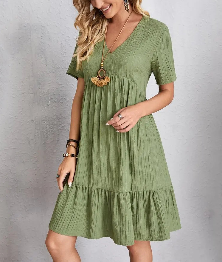 Elegant Solid V Neck A Line Dress 2024 New Summer Ruffles Loose Mini Dress Casual Short Sleeve Beach Party Vestidos Streetwear