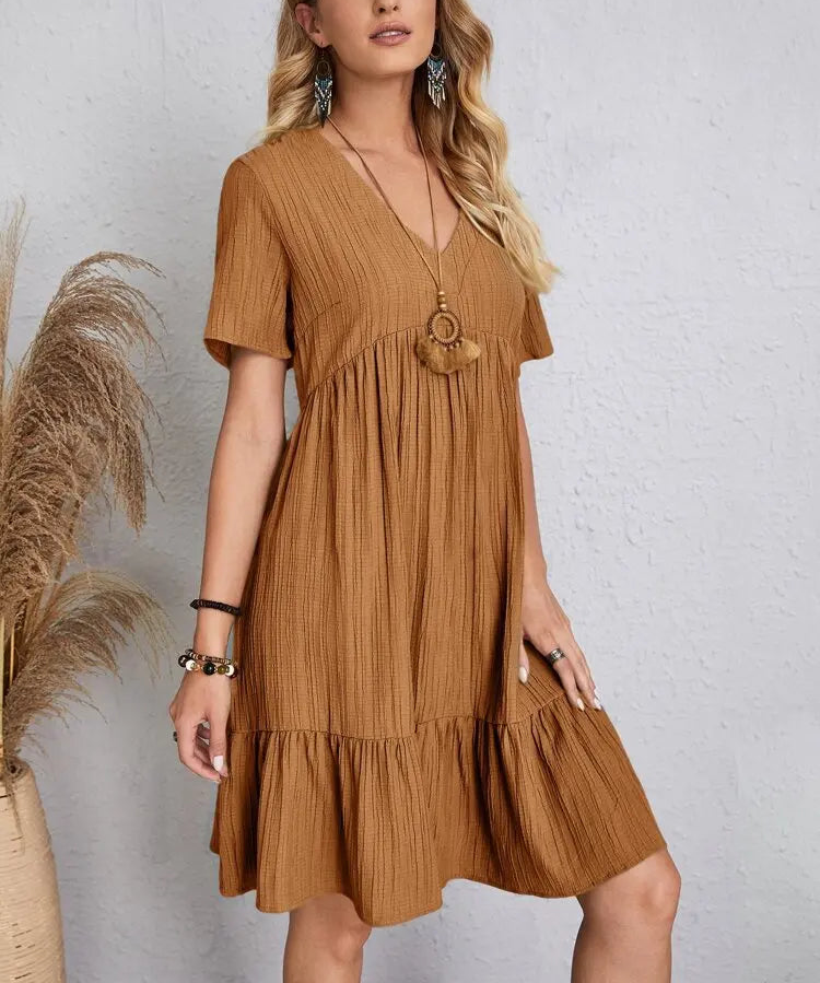 Elegant Solid V Neck A Line Dress 2024 New Summer Ruffles Loose Mini Dress Casual Short Sleeve Beach Party Vestidos Streetwear