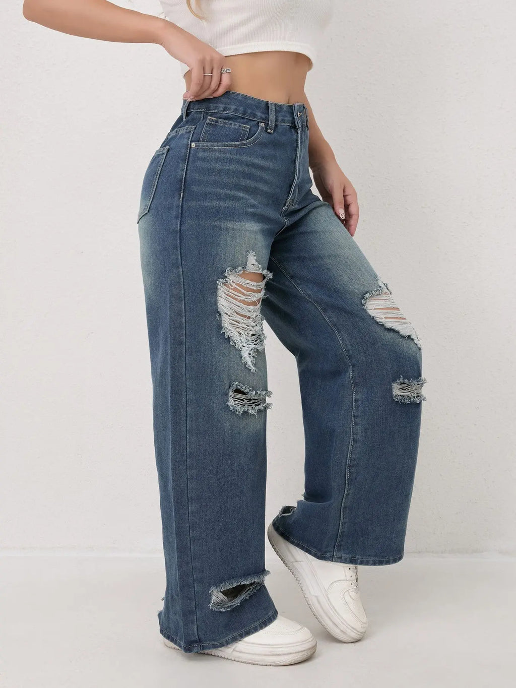 Wide Leg Distressed Straight Jeans for Women Elastic Casual Bootcut Denim Pants Bestseller Fashionable Ladies Jeans