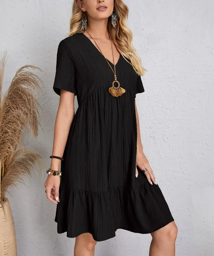 Elegant Solid V Neck A Line Dress 2024 New Summer Ruffles Loose Mini Dress Casual Short Sleeve Beach Party Vestidos Streetwear
