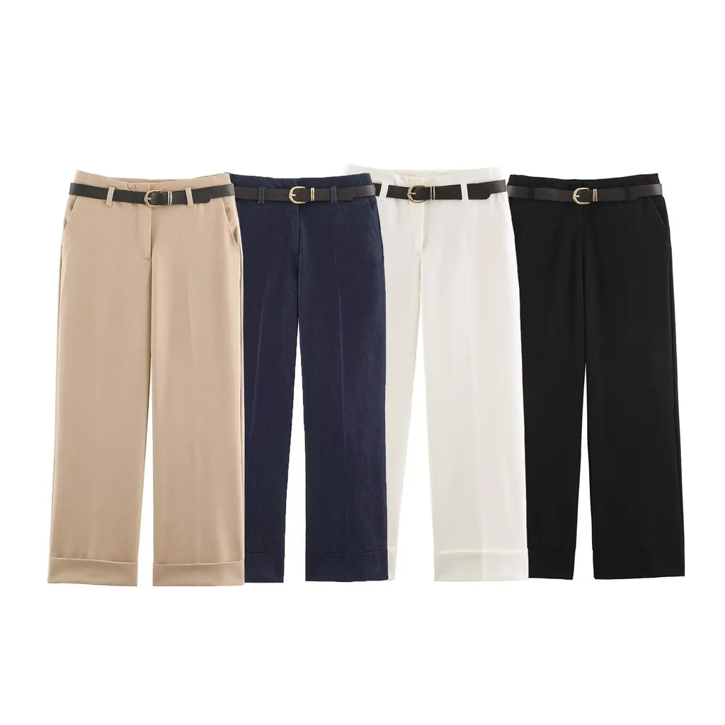 BSAY Women Solid Color Wide Leg Pants High Waist Turn Up Cuff Hem With Metal Buckle Belt Elegant Commuter Casual Long Trousers
