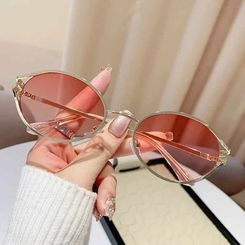 1Pc Trendy and Fashionable Metal Oval Frame Women's Sunglasses, a Must-Have Fashion Accessory for Parties, Beach Vacations