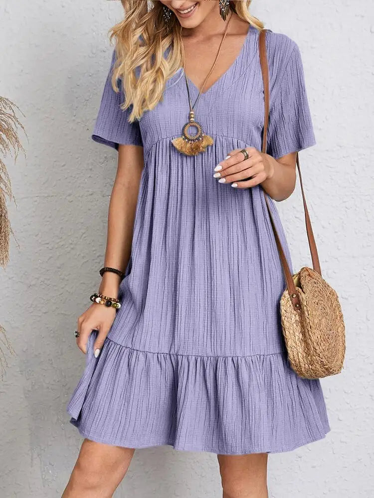 Elegant Solid V Neck A Line Dress 2024 New Summer Ruffles Loose Mini Dress Casual Short Sleeve Beach Party Vestidos Streetwear