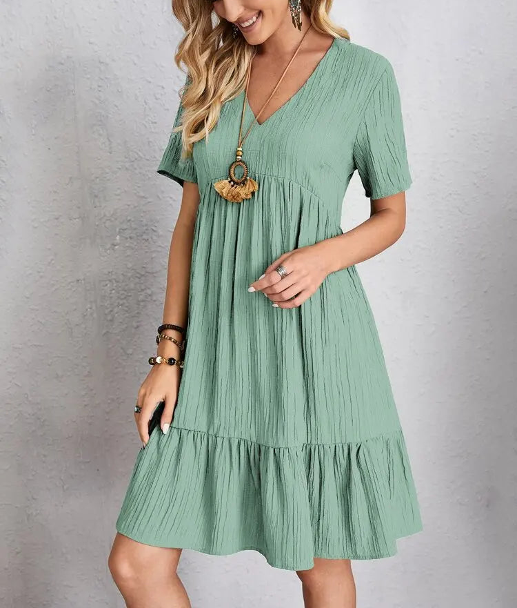 Elegant Solid V Neck A Line Dress 2024 New Summer Ruffles Loose Mini Dress Casual Short Sleeve Beach Party Vestidos Streetwear