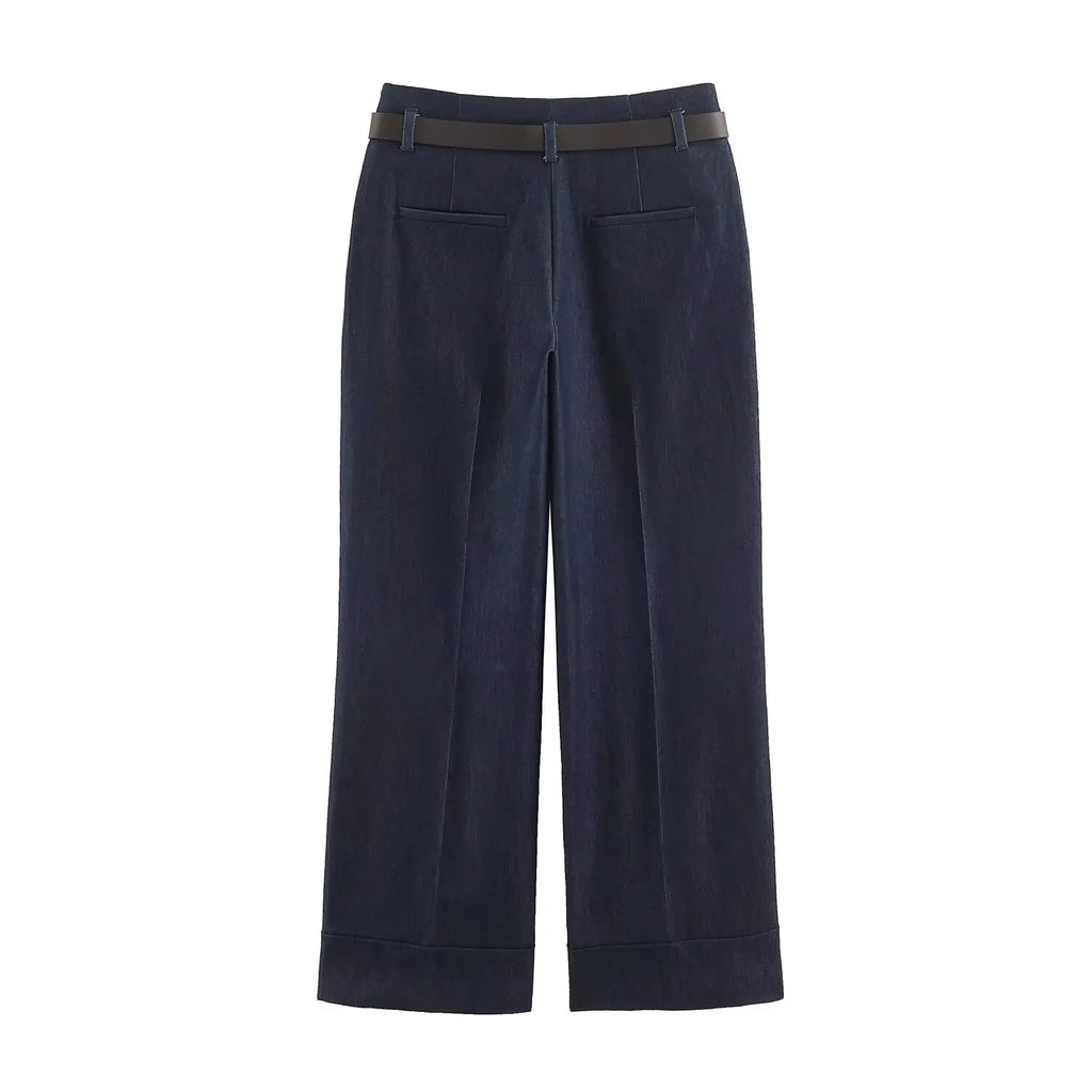 BSAY Women Solid Color Wide Leg Pants High Waist Turn Up Cuff Hem With Metal Buckle Belt Elegant Commuter Casual Long Trousers