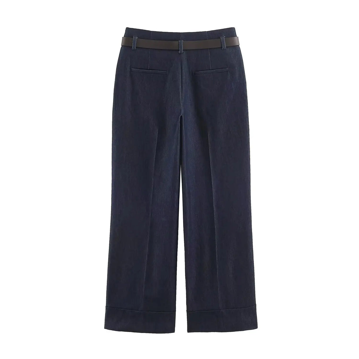 BSAY Women Solid Color Wide Leg Pants High Waist Turn Up Cuff Hem With Metal Buckle Belt Elegant Commuter Casual Long Trousers