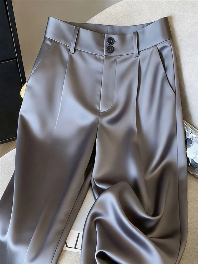 Silk Women's Pants Solid Color Champagne Ladies with Wide Leg Pants New High Waist Breathable Satin Summer Suit Women's Pants