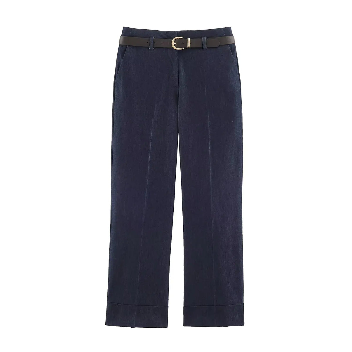 BSAY Women Solid Color Wide Leg Pants High Waist Turn Up Cuff Hem With Metal Buckle Belt Elegant Commuter Casual Long Trousers