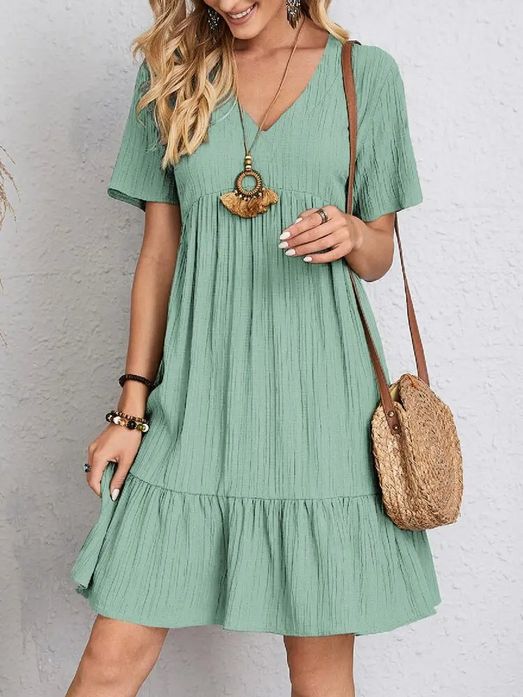 Elegant Solid V Neck A Line Dress 2024 New Summer Ruffles Loose Mini Dress Casual Short Sleeve Beach Party Vestidos Streetwear