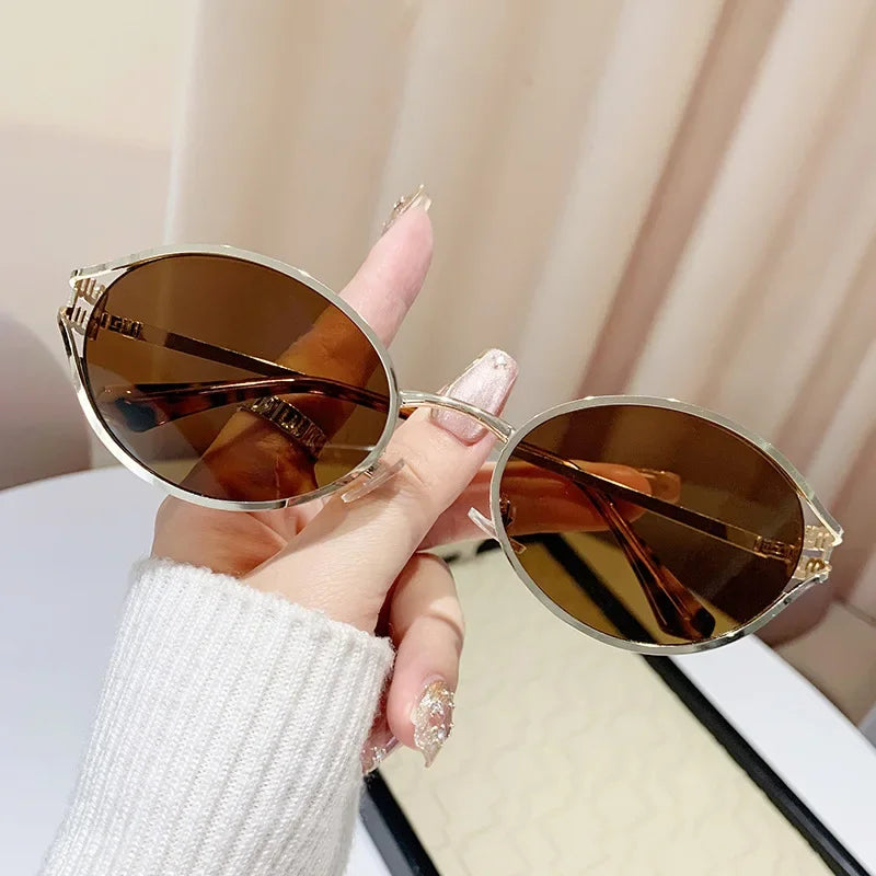 1Pc Trendy and Fashionable Metal Oval Frame Women's Sunglasses, a Must-Have Fashion Accessory for Parties, Beach Vacations