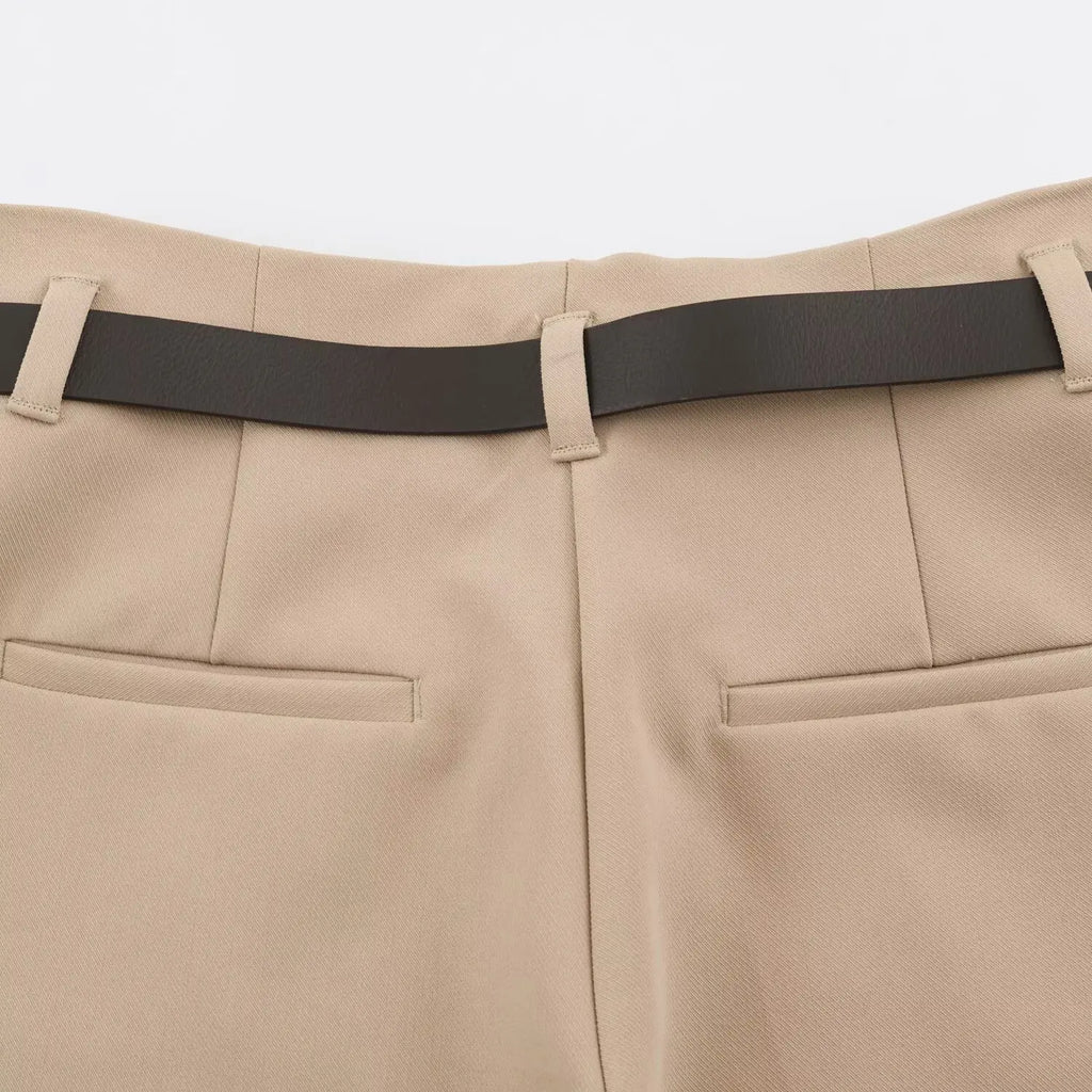 BSAY Women Solid Color Wide Leg Pants High Waist Turn Up Cuff Hem With Metal Buckle Belt Elegant Commuter Casual Long Trousers