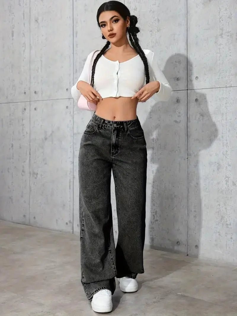 Wide Leg Distressed Straight Jeans for Women Elastic Casual Bootcut Denim Pants Bestseller Fashionable Ladies Jeans