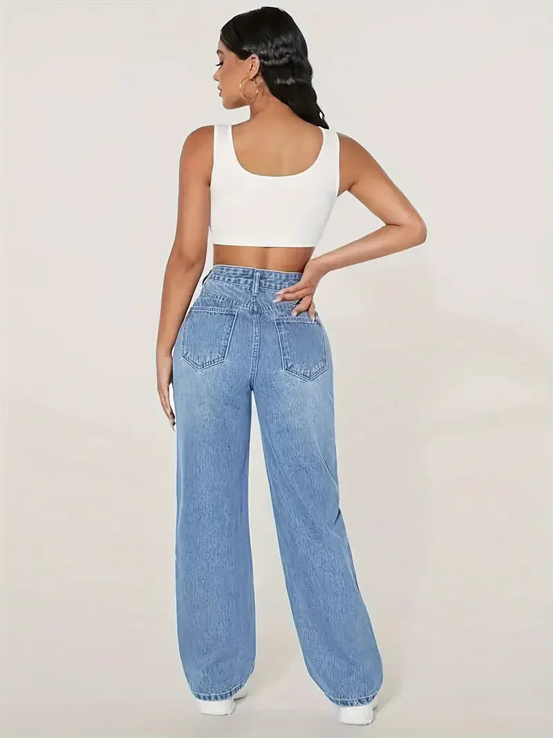 Wide Leg Distressed Straight Jeans for Women Elastic Casual Bootcut Denim Pants Bestseller Fashionable Ladies Jeans