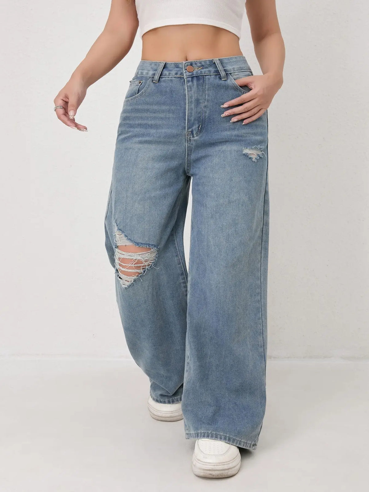 Wide Leg Distressed Straight Jeans for Women Elastic Casual Bootcut Denim Pants Bestseller Fashionable Ladies Jeans