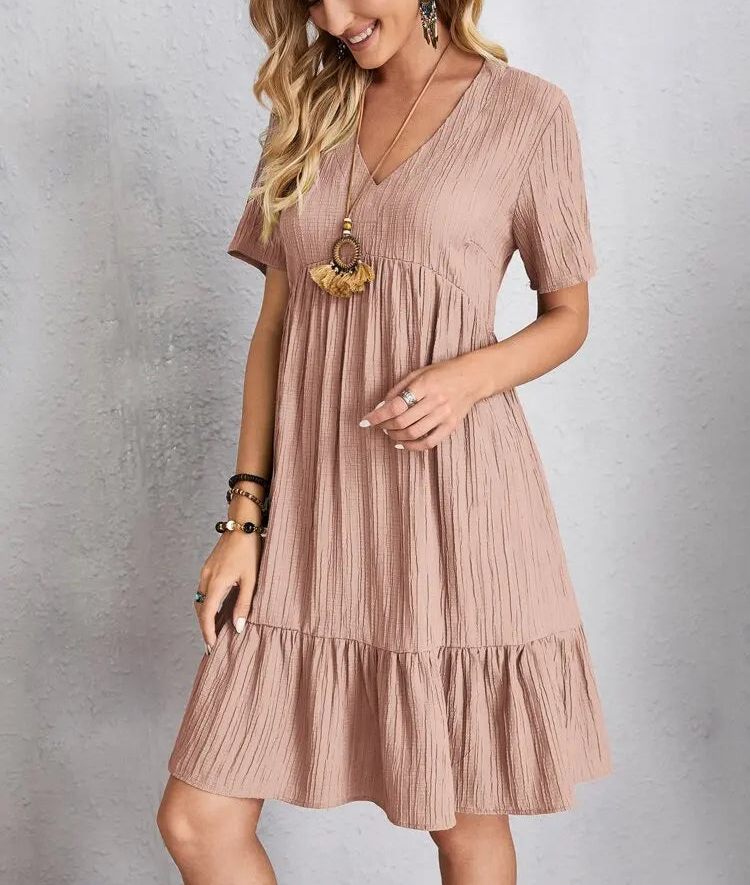 Elegant Solid V Neck A Line Dress 2024 New Summer Ruffles Loose Mini Dress Casual Short Sleeve Beach Party Vestidos Streetwear