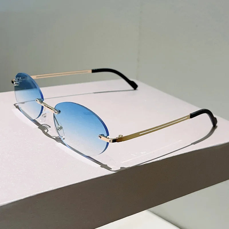 Rimless Oval Sunglasses Women 2026 Luxury Brand Vintage Small Frame Gold Metal Gradient Lens Y2K Punk Streetwear Fashion Eyewear