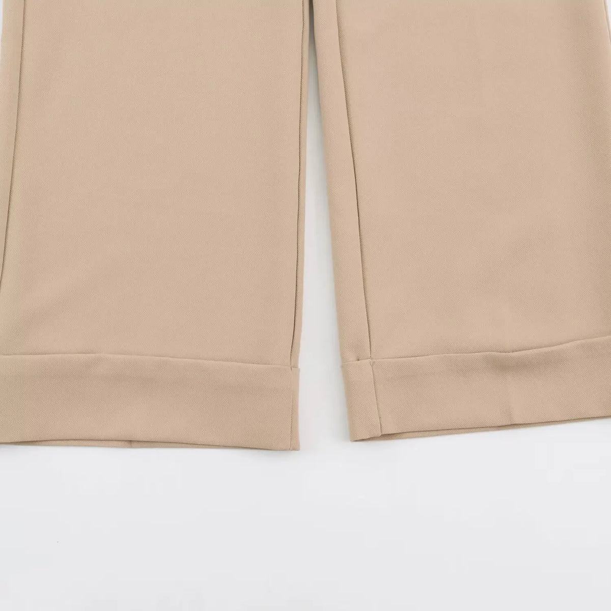 BSAY Women Solid Color Wide Leg Pants High Waist Turn Up Cuff Hem With Metal Buckle Belt Elegant Commuter Casual Long Trousers