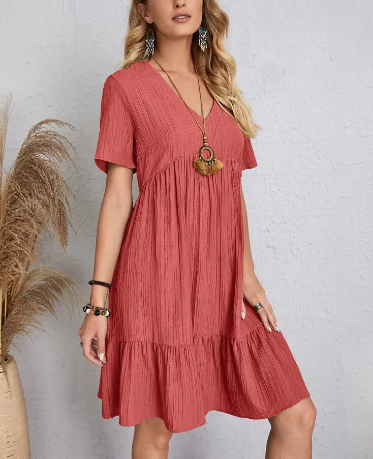 Elegant Solid V Neck A Line Dress 2024 New Summer Ruffles Loose Mini Dress Casual Short Sleeve Beach Party Vestidos Streetwear