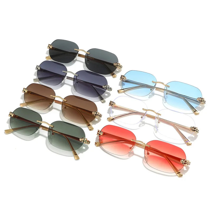 Luxury Brand Rimless Sunglasses Men Women Fashion Cheetah Decoration Metal Shades Frameless UV400 Shades Street Photography