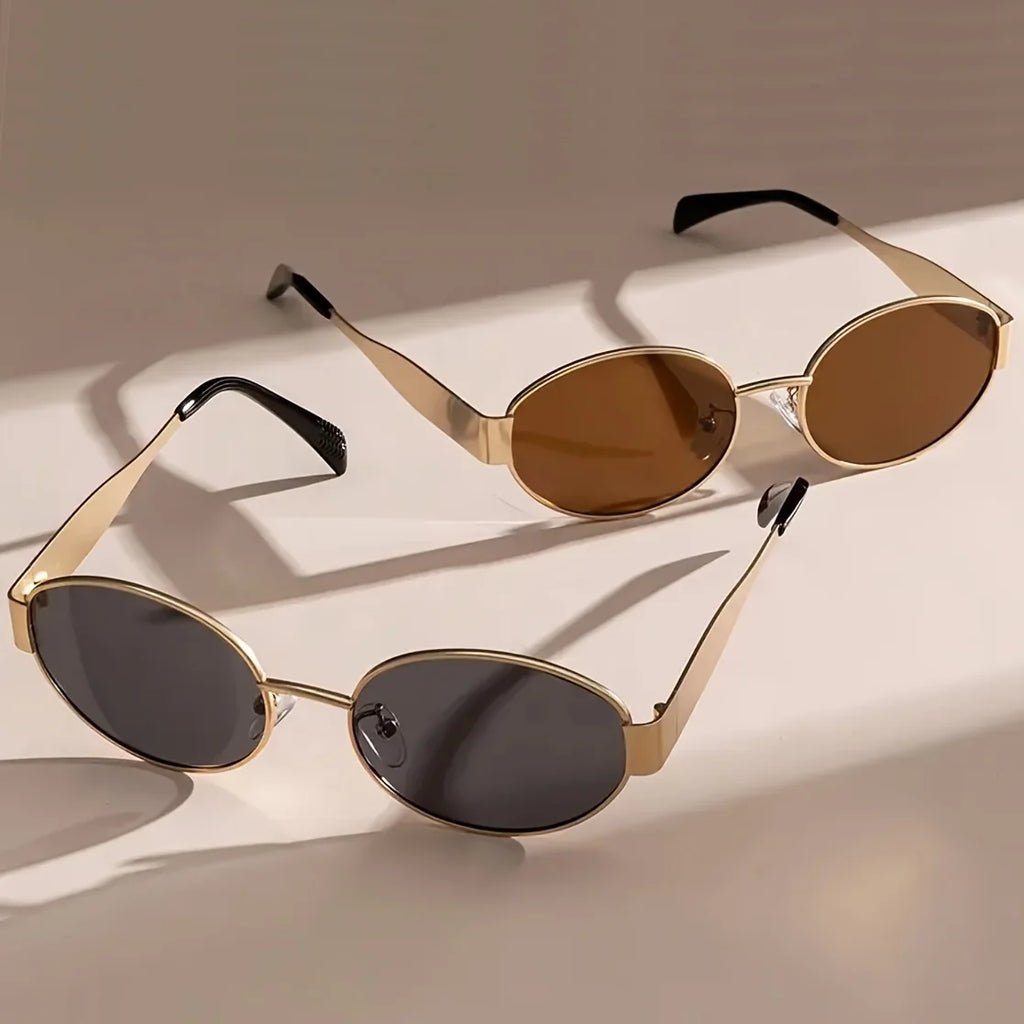 2pcs/ Oval Shape Metal Sunglasses Classic Men's Vintage Sun Glasses Women Outdoor Leisure Eyewear UV400 Ladies Shades