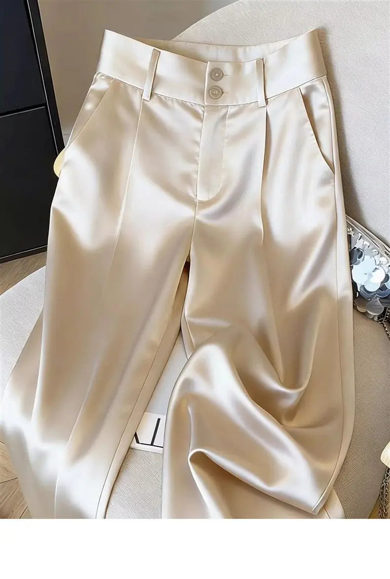 Silk Women's Pants Solid Color Champagne Ladies with Wide Leg Pants New High Waist Breathable Satin Summer Suit Women's Pants