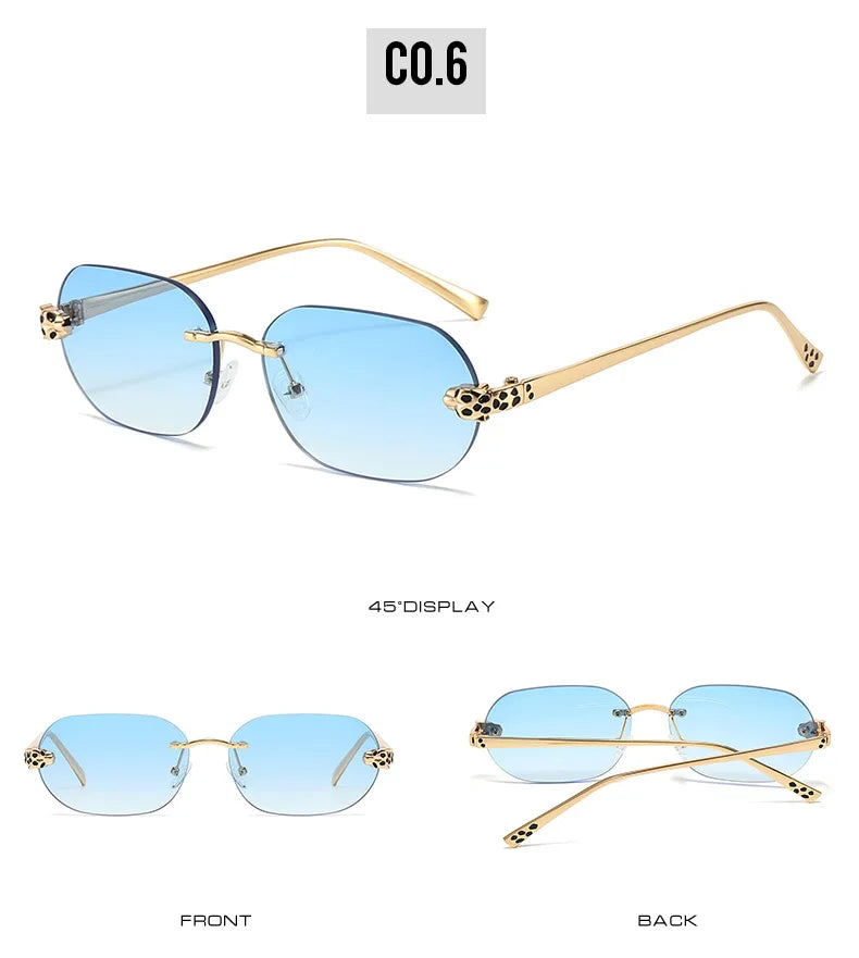 Luxury Brand Rimless Sunglasses Men Women Fashion Cheetah Decoration Metal Shades Frameless UV400 Shades Street Photography